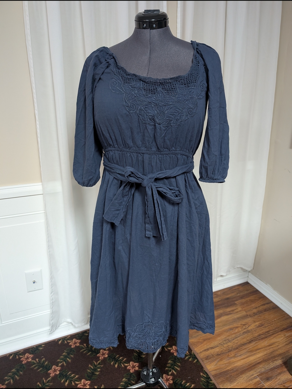 Odille Navy Blue Embroidered Tie-Waist Midi Dress